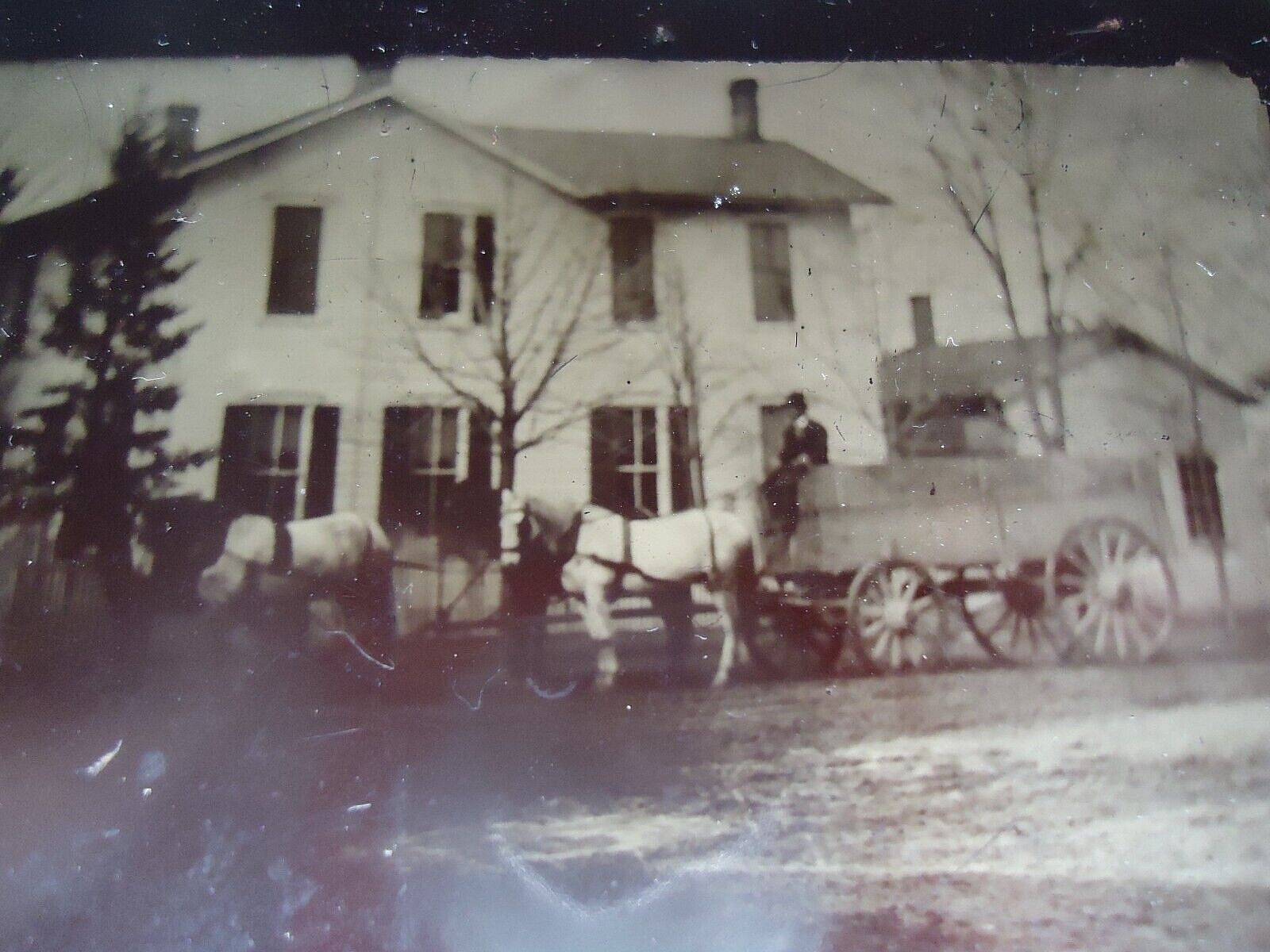 6th, P. Tintype OUTDOOR VIEW, Large Farm House MAN in HORSE DRAWN WAGON, Barn .