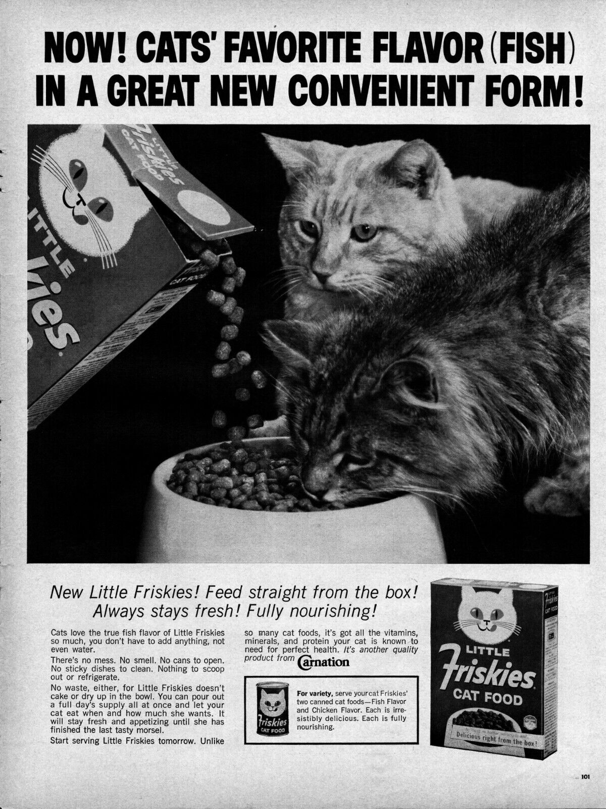 1963 Friskies Cat Food Vintage Print Ad Fish Flavor Straight From The Box