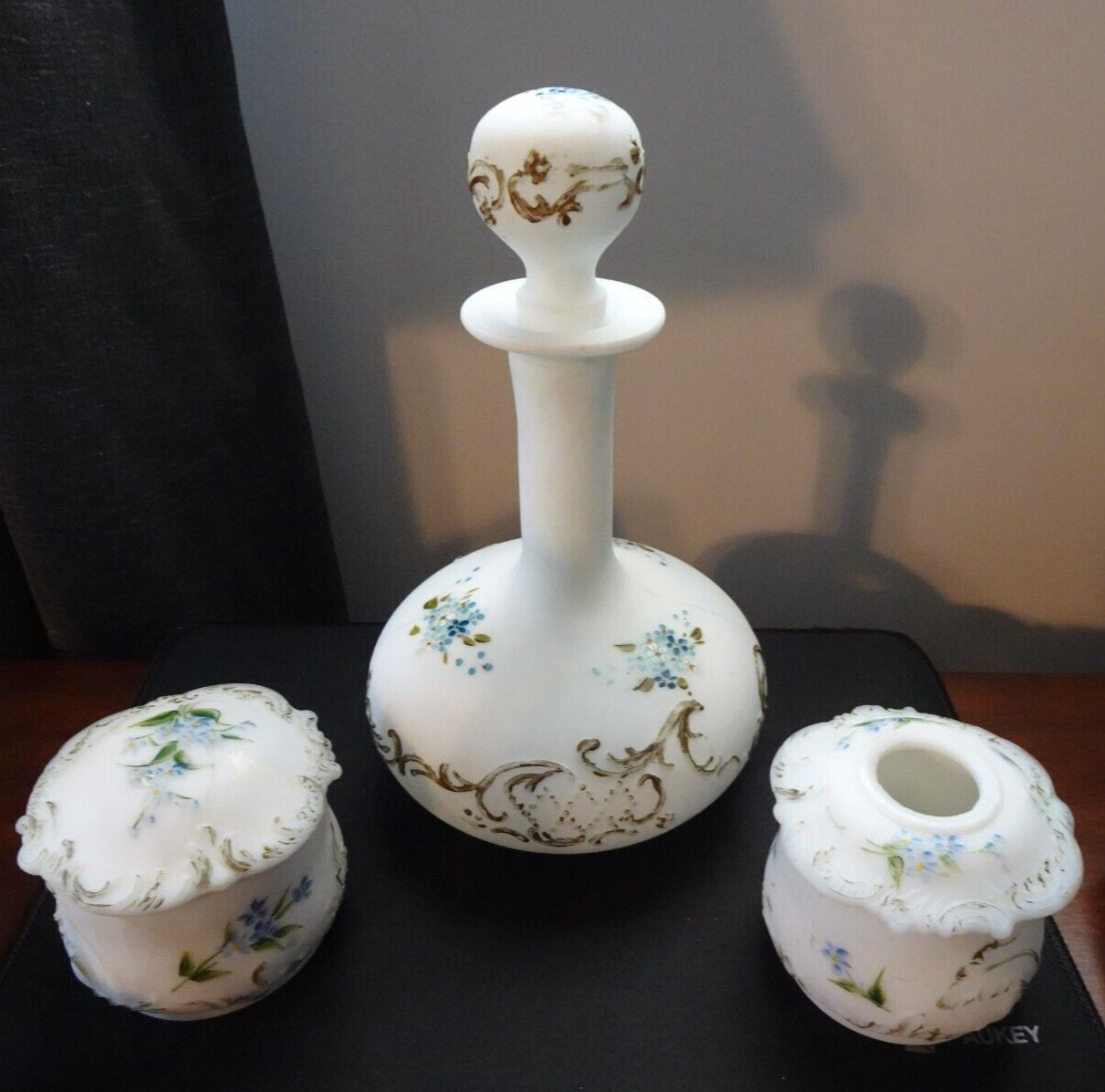 Victorian Milk Glass Enameled Boudoir Dresser Set Bottle Box Hair Receiver 