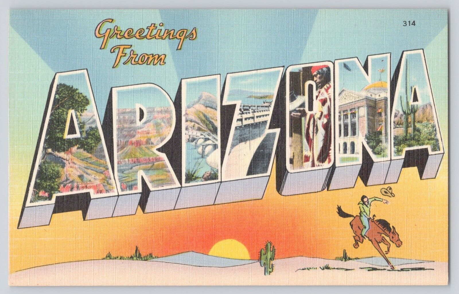 Postcard Arizona Large Letter Greetings Cowboy On Horse Desert Unposted Linen NM