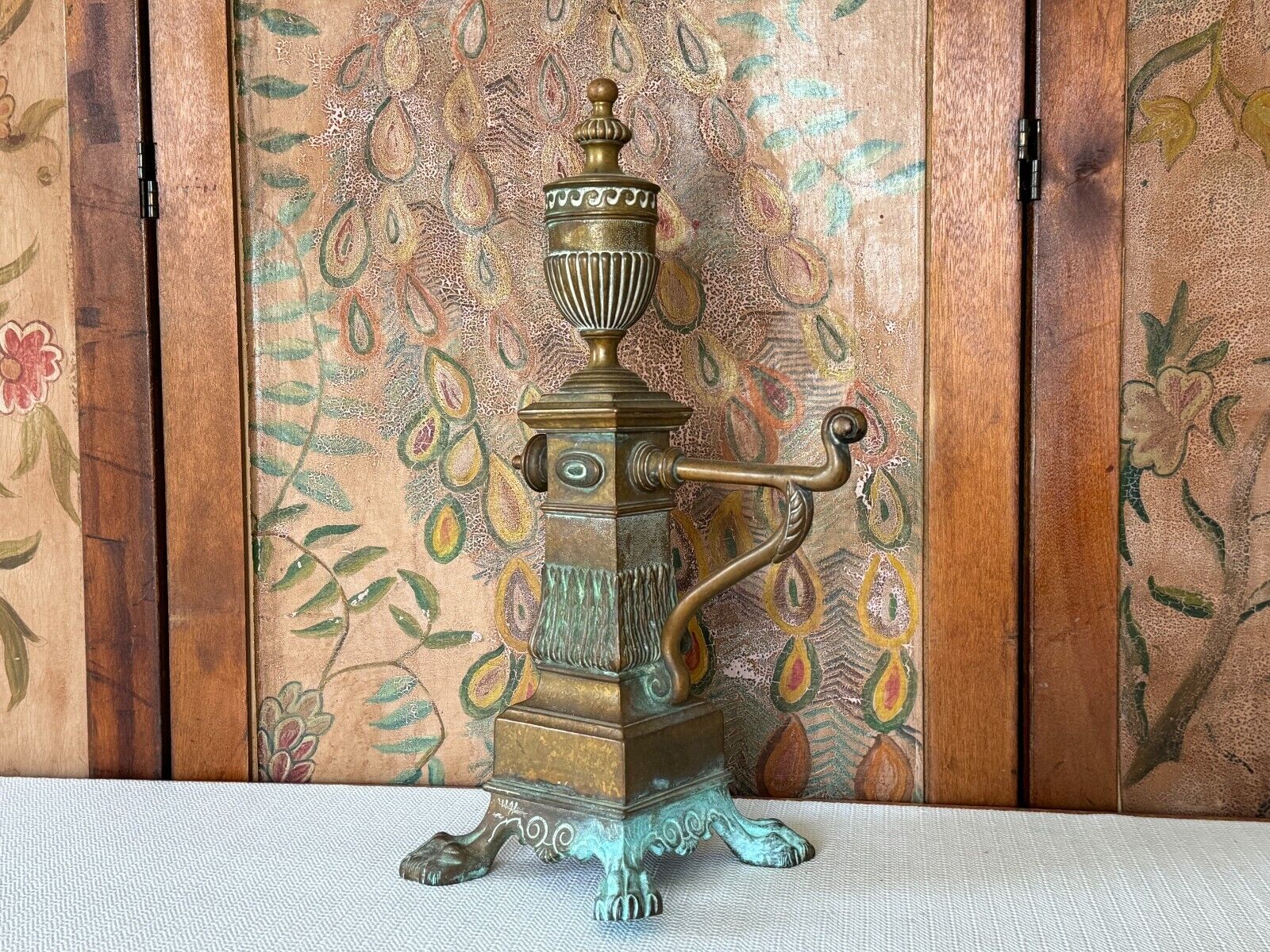 Antique Teal Painted Cast Iron Single Andiron