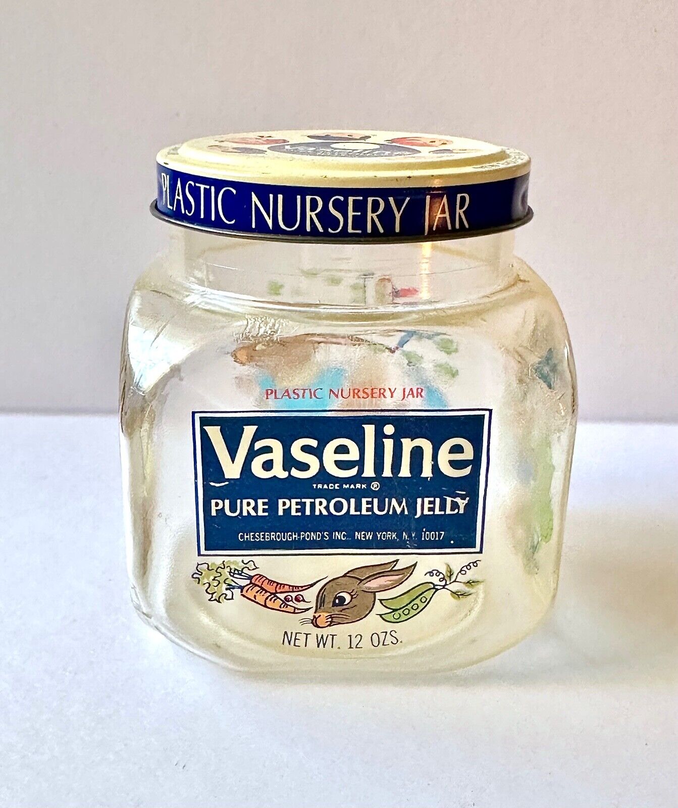 Vintage 1968 Vaseline Plastic Nursery Jar - Cute Bunny Graphics