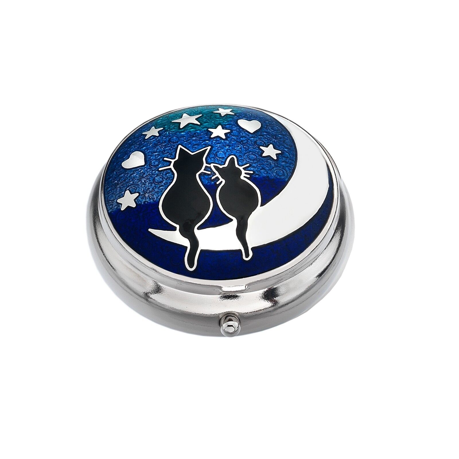 Pill Box Silver Plated Black Cat Cats on the Moon Design Brand New and Boxed