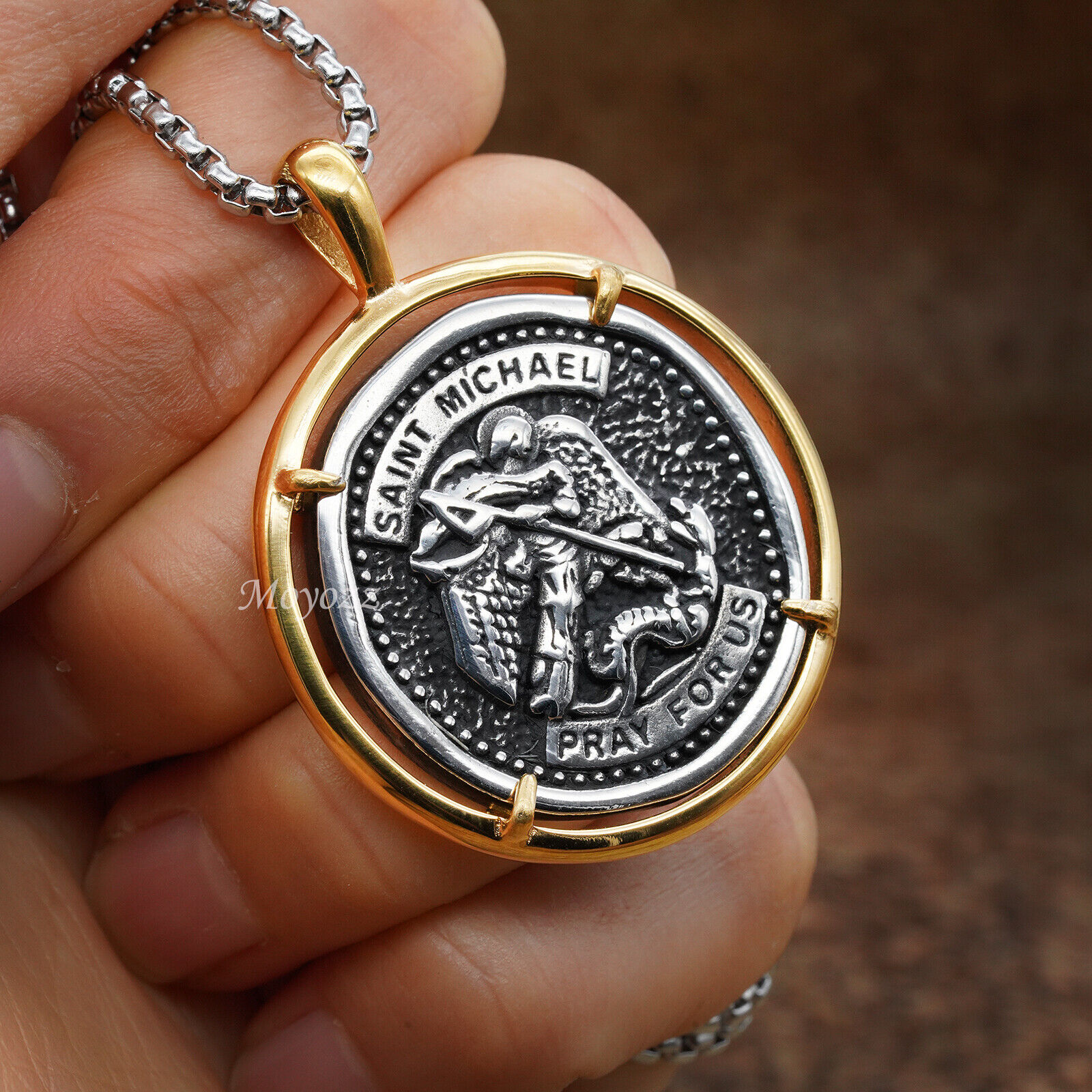 Stainless Steel Archangel Saint St Michael Pray Angel Medal Pendant Necklace