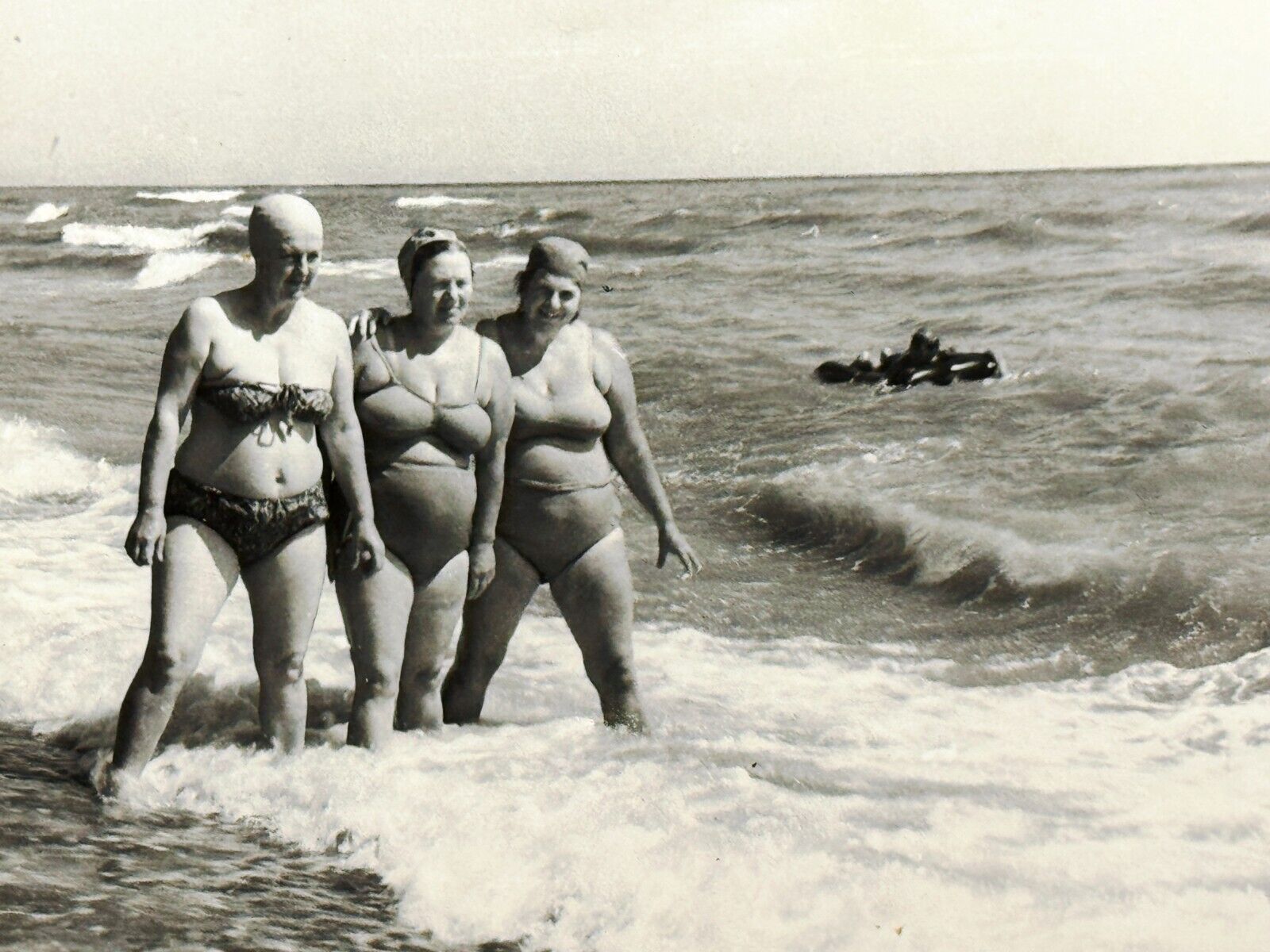 1950s Plus size Three Women Hugging Bikini Sea Snapshot Vintage B&W Photo