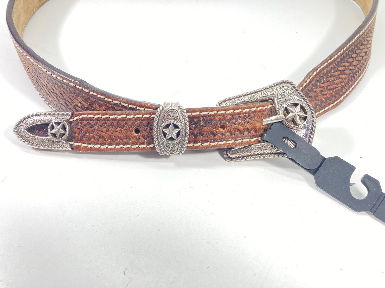 JUSTIN Leather Belt Mens Size 42 Texas Star Buckle Belt Lone Star Cowboy Rodeo