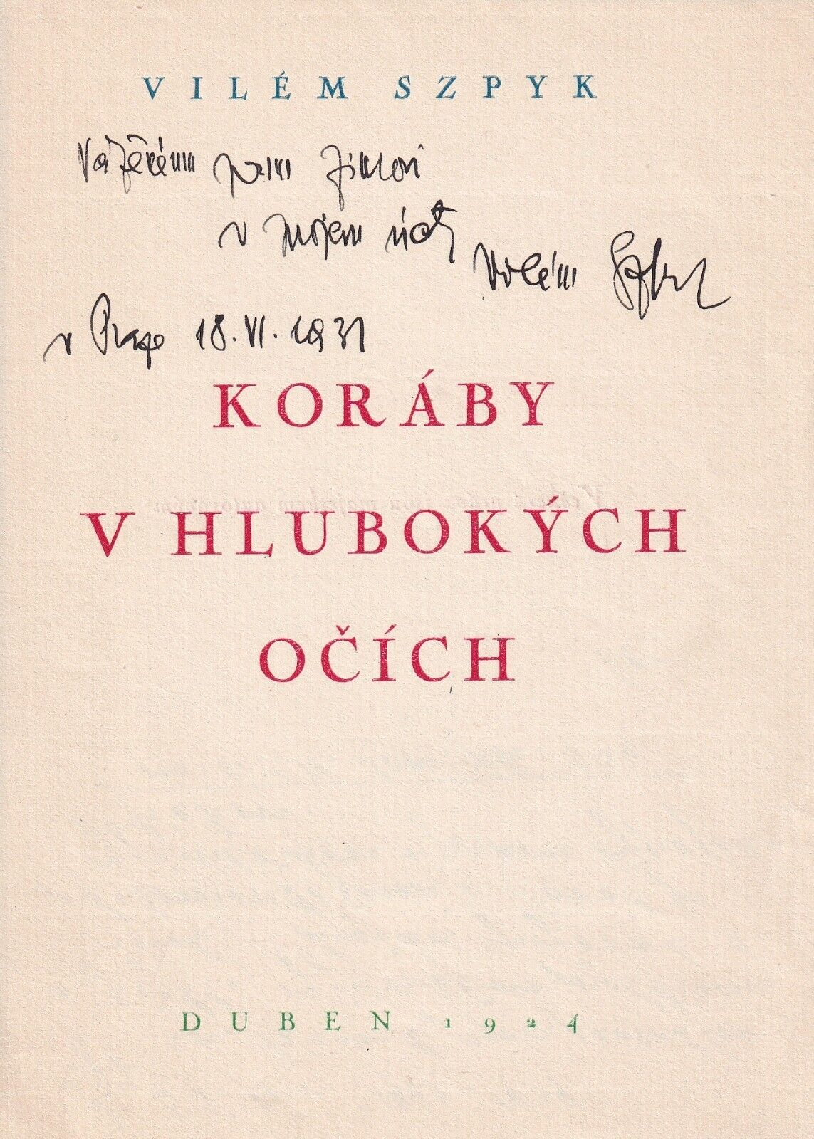 VILEM SZPYK Tragic Czech Poet & creator Poetic Photosynthesis signed title page