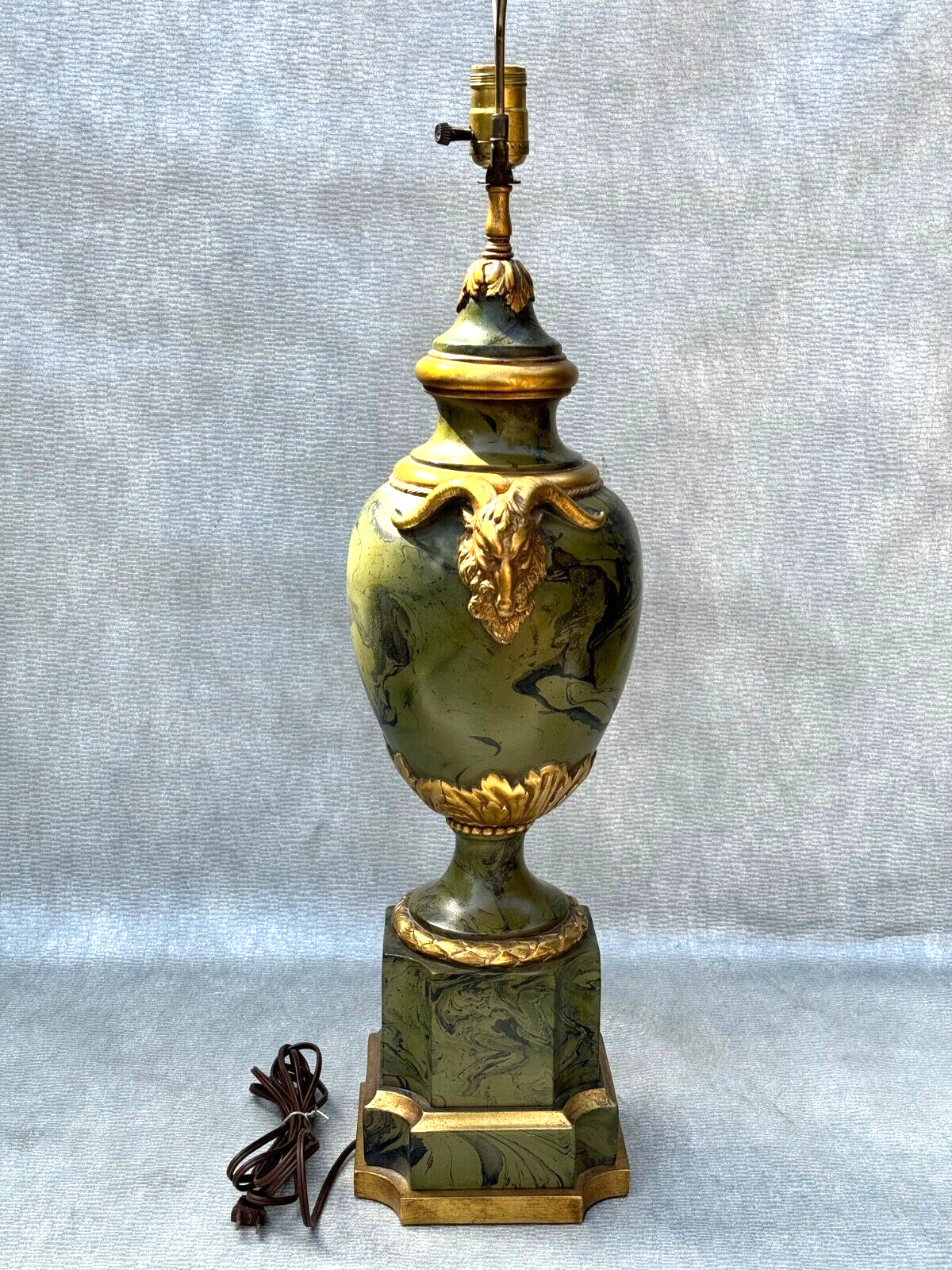 VINTAGE GOTHIC RAM'S HEAD TABLE LAMP GREEN MARBLE & GOLD TWIN GARGOYLE CHALKWARE