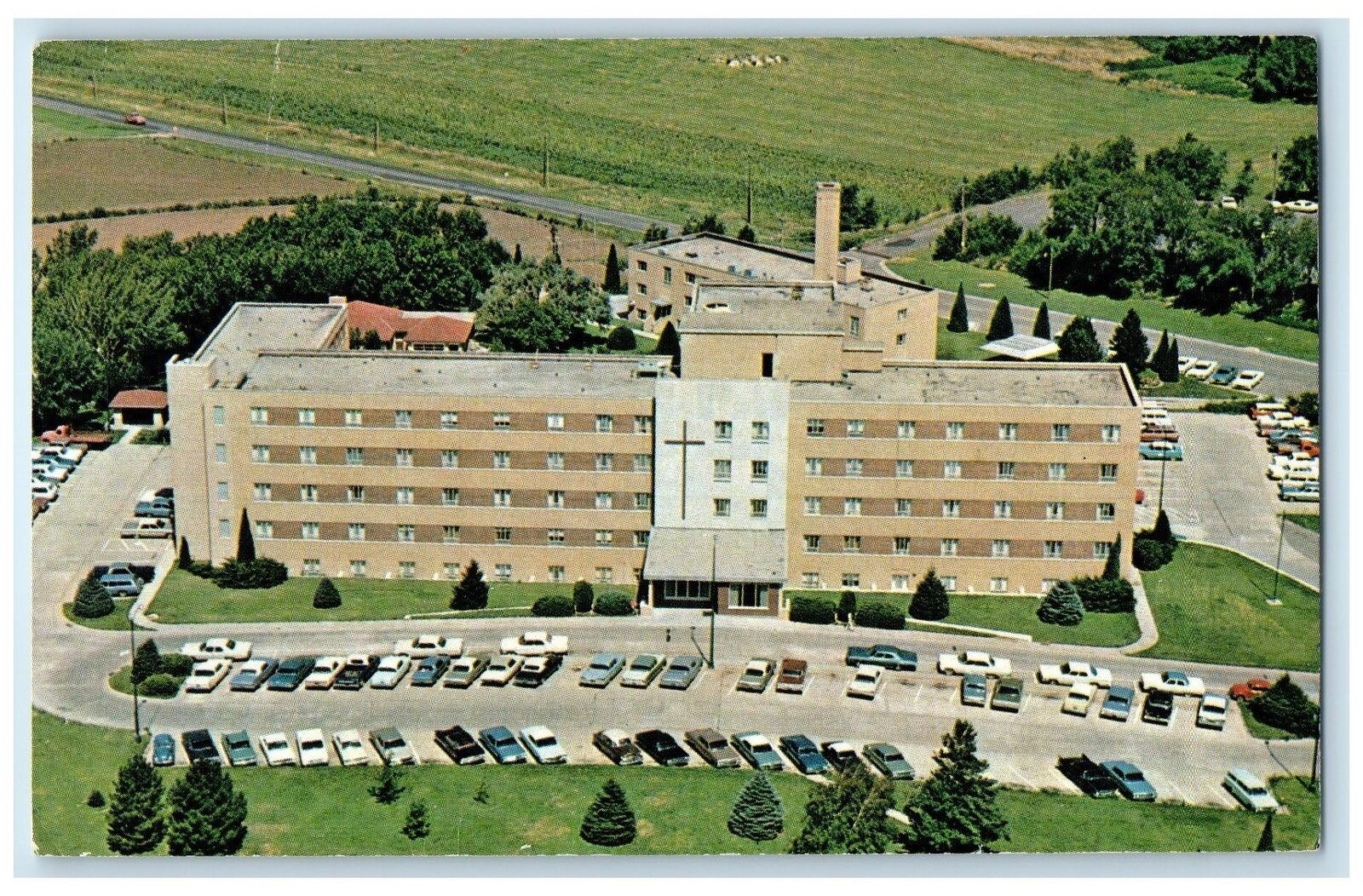 c1950's St. Joseph's Hospital Aerial View Building Concordia Kansas KS Postcard