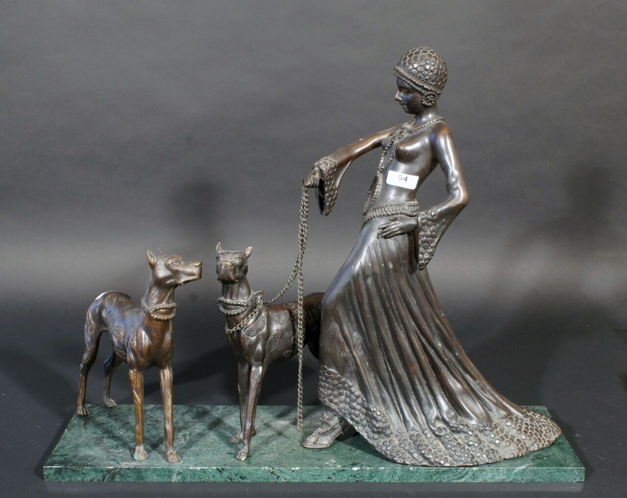 Huge XL spelter bronze lady statue dogs leash marble manner chiparus 