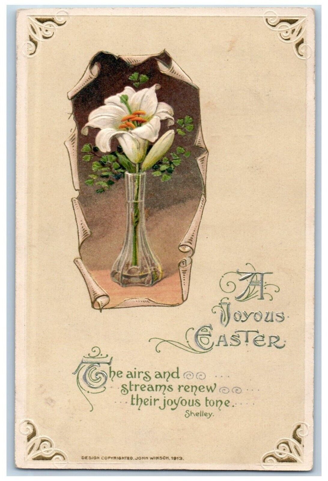 John Winsch Artist Signed Postcard Easter Lily Flowers Shelley Embossed c1910\'s
