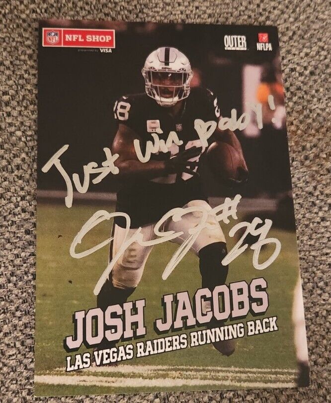 JOSH JACOBS SIGNED 5X7 PROMO CARD NFL LAS VEGAS RAIDERS W/COAPROOF JUST WIN BABY