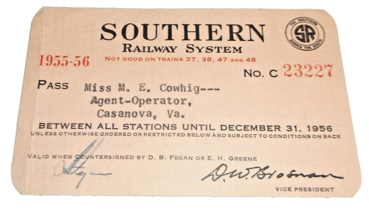 1955 1956  SOUTHERN RAILWAY COMPANY EMPLOYEE PASS  #23227