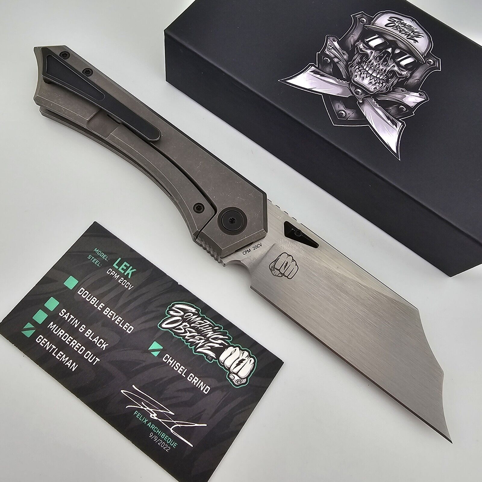 SOC LEK Gentlemen Folding Knife Titanium Handles Satin Chisel Ground 20CV Tanto