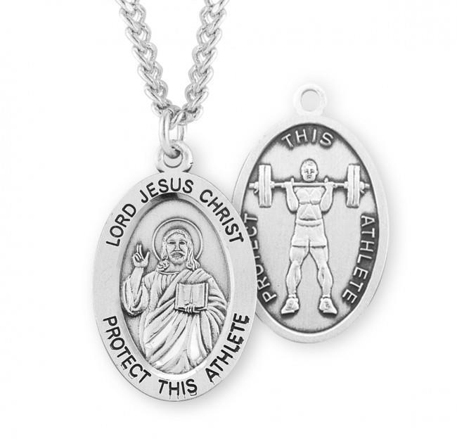 Lord Jesus Christ Sterling Silver Weight Lifting Male Athlete Medal 1.1in x0.7in