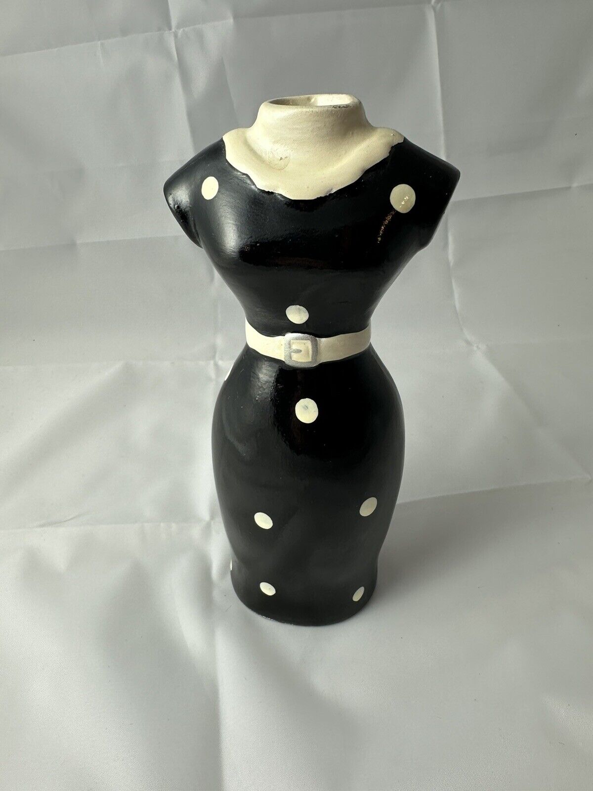 VTG Bud Vase 1950 Womans Dress poka dot black and white