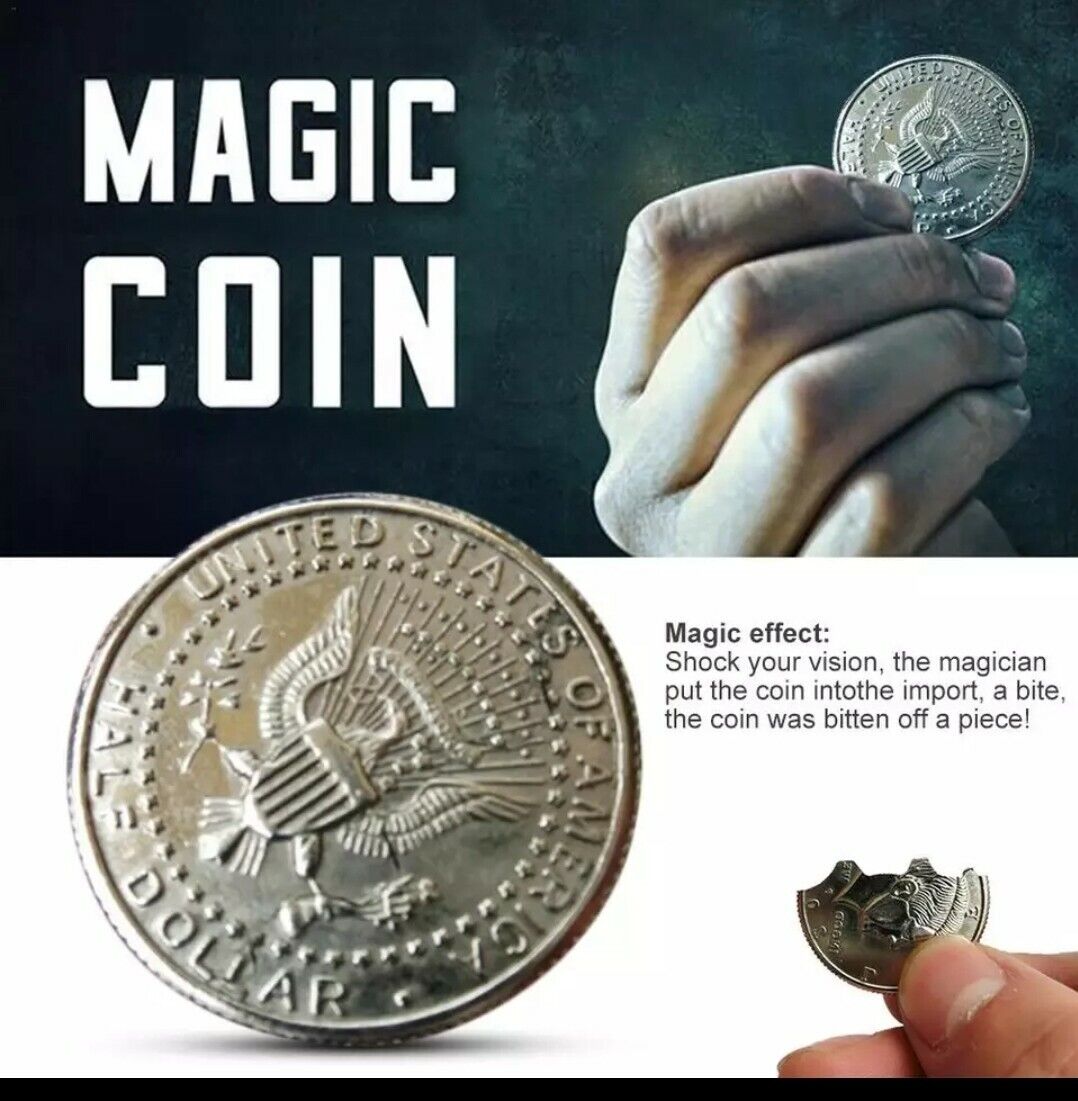 Bite Out Coin Magic Trick Close-Up Magic Illusion Restored Half Dollar T5