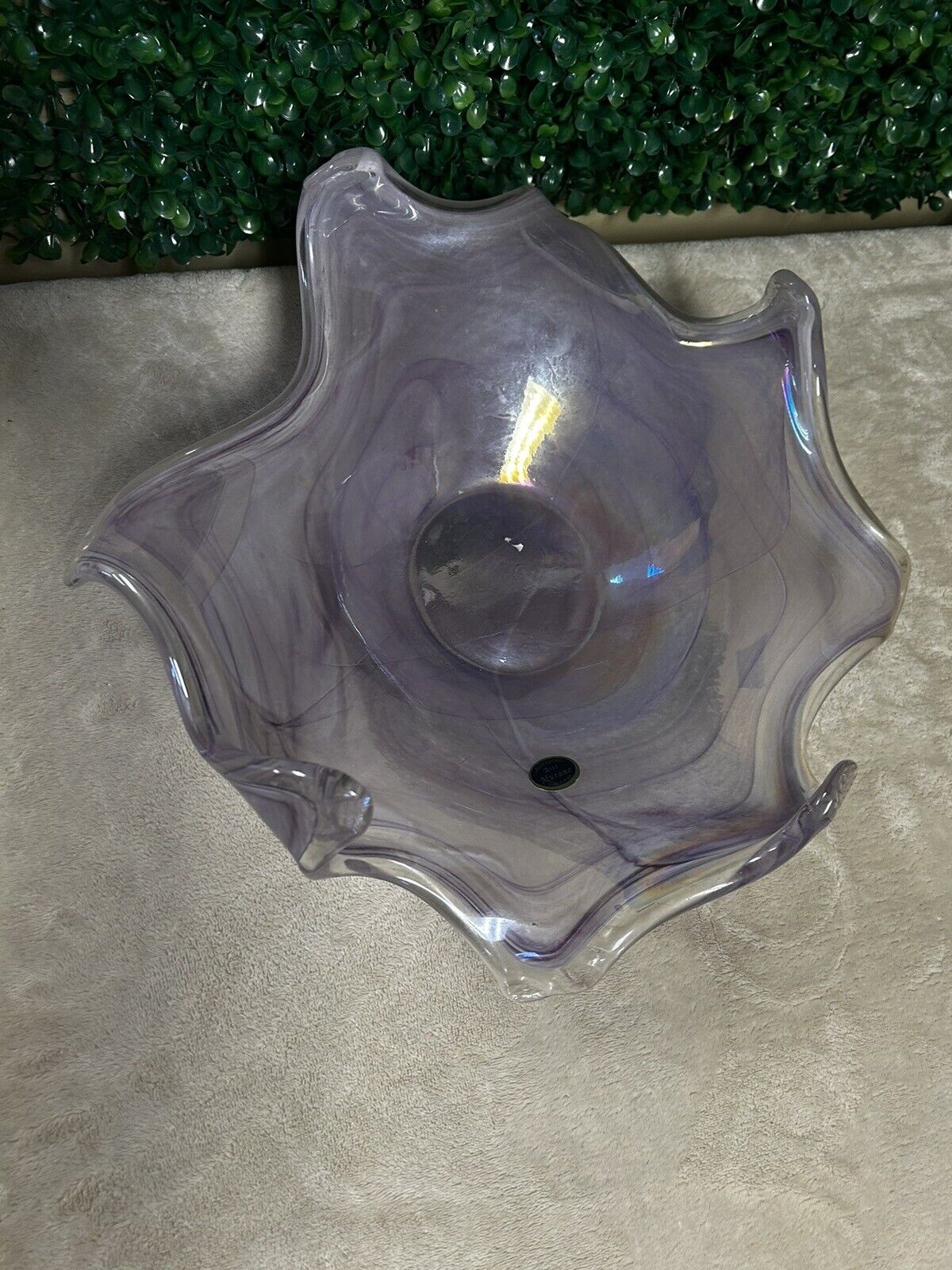 Lavorazione Arte Murano Glass Centerpiece Purple Iridescent  Orig Label New Vtg