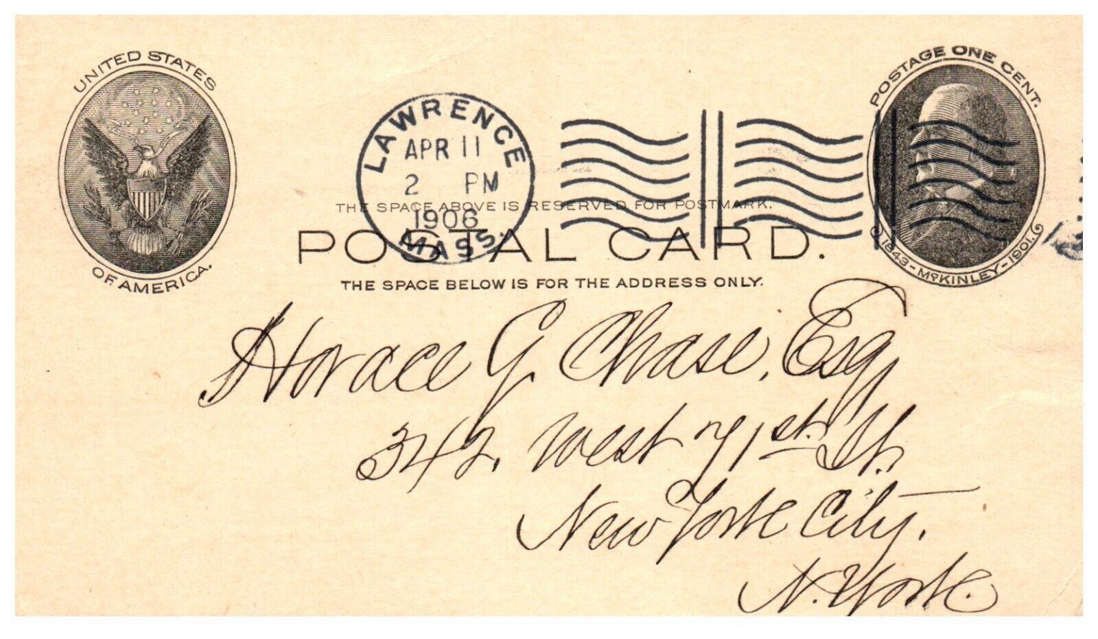 President McKinley Postal Card Lawrence MA 1906 New York City Postcard