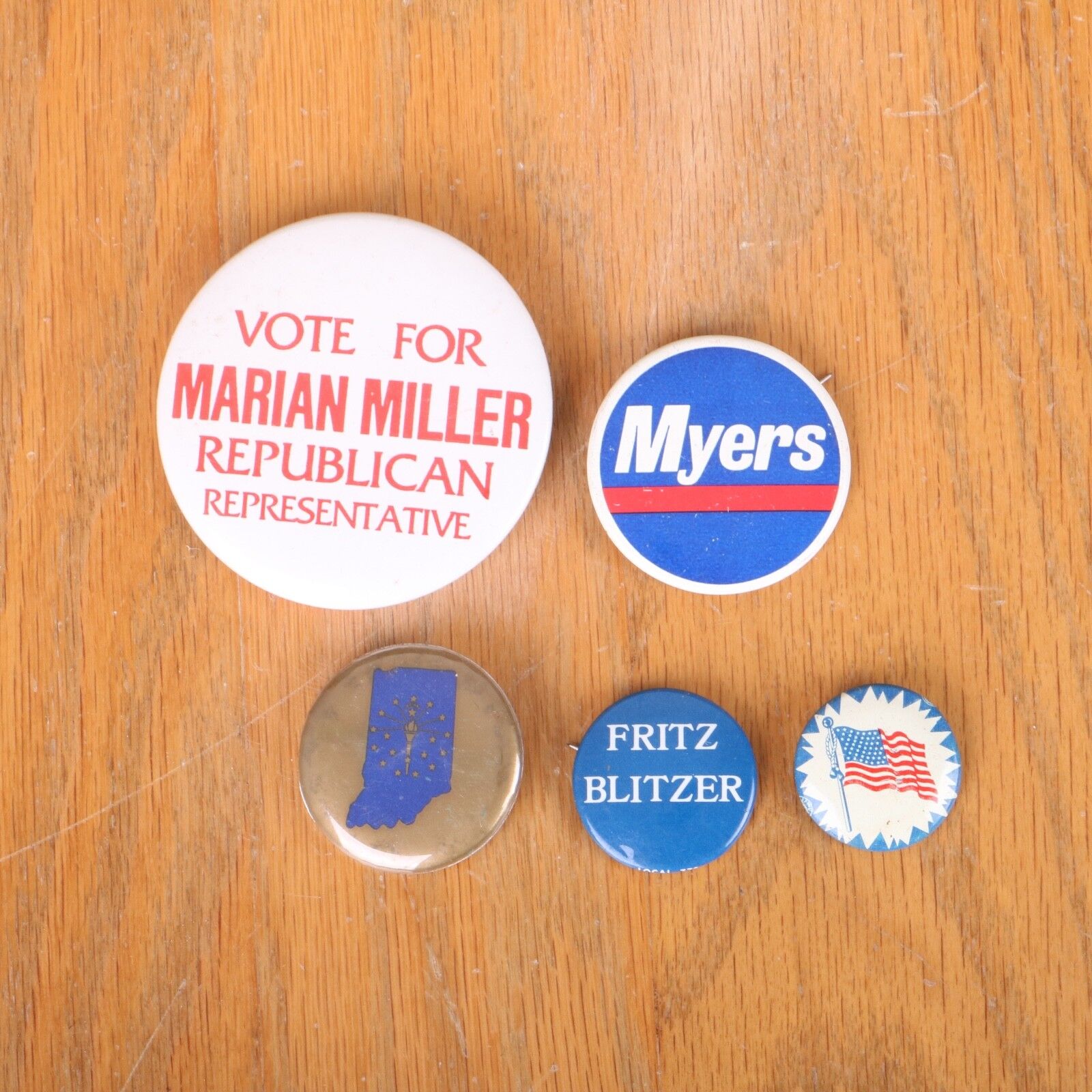 Lot 5 Vintage Political Pins Buttons Pinback Indiana Marian Miller Myers Fritz
