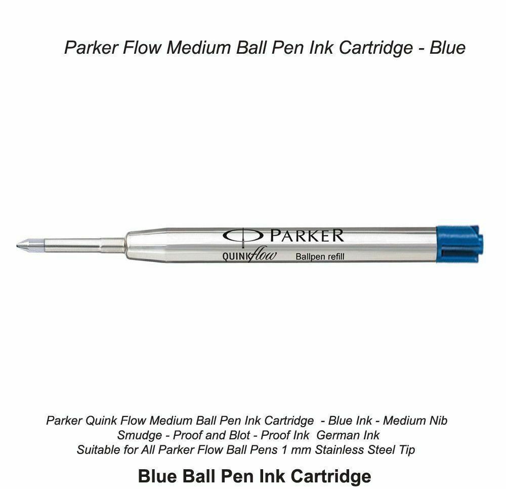 6 x Parker Quink Flow Ball Point Pen Refill Blue Medium (1mm) New 