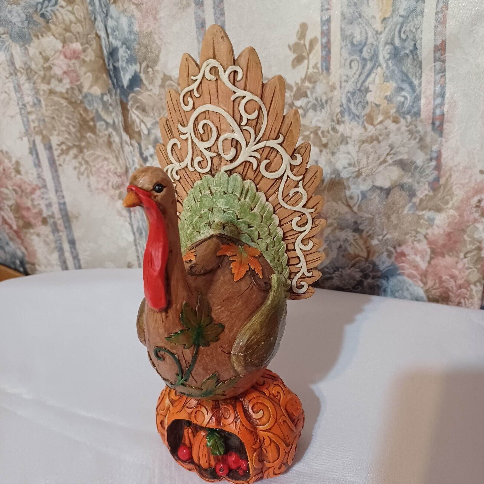 Whimsical Thanksgiving Fall Turkey Decoration On A Pumpkin 12” Tall X 5” Wide 