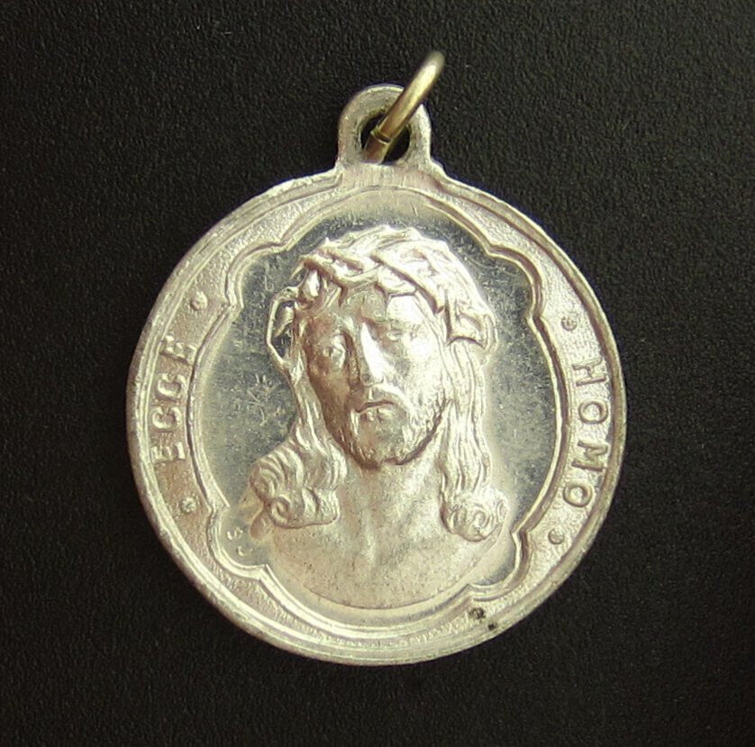 Vintage Jesus Ecce Homo Aluminum Medal Religious Holy Catholic Jerusalem Cross
