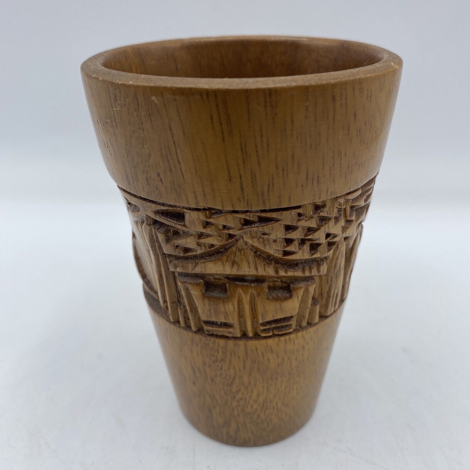 Vintage Wood Wooden Hand Carved Cup Tumbler S.C. Viscarra Philippines 4.5\