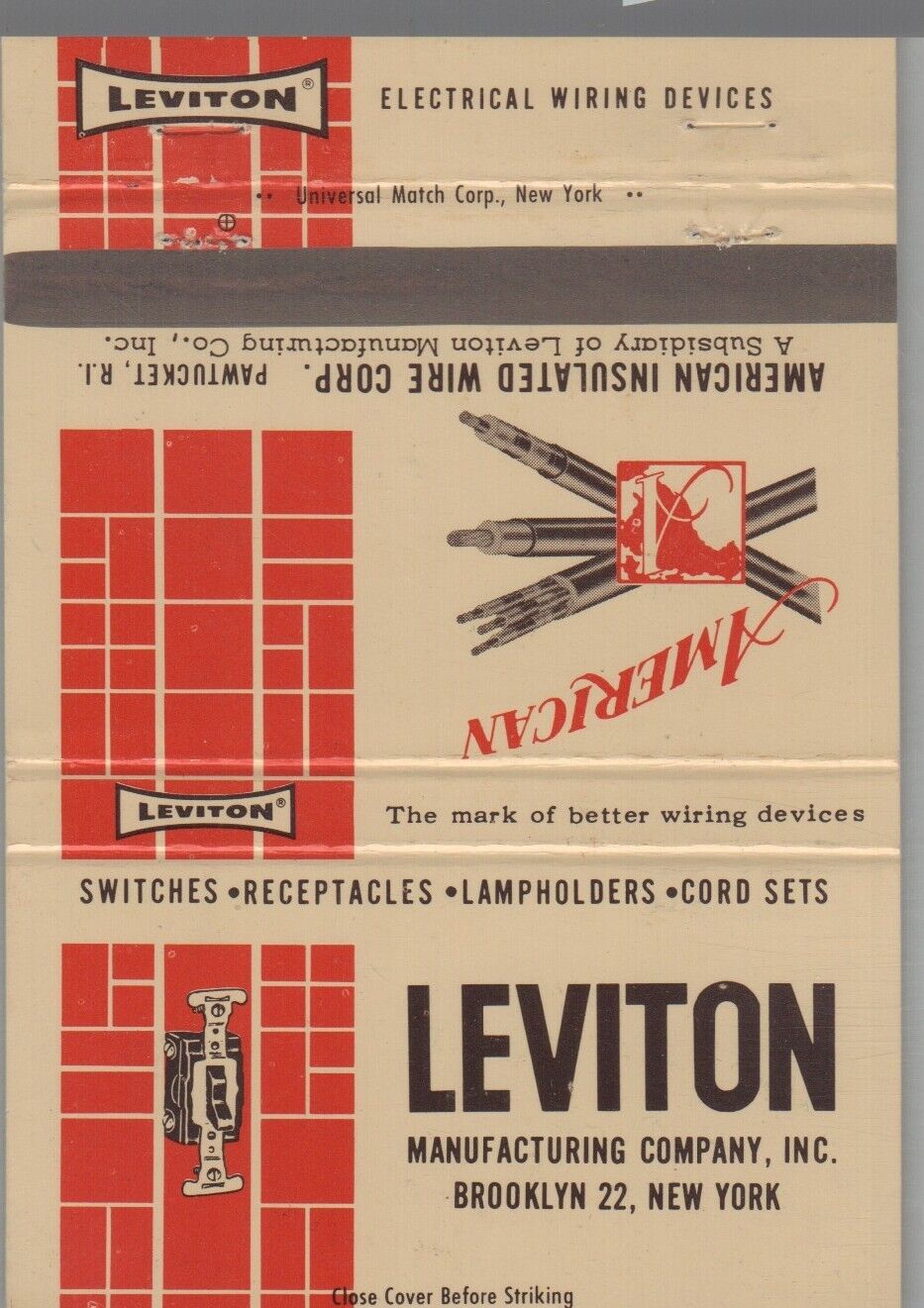 40 Strike Matchbook Cover - Leviton Manufacturing Co. Brooklyn, NY