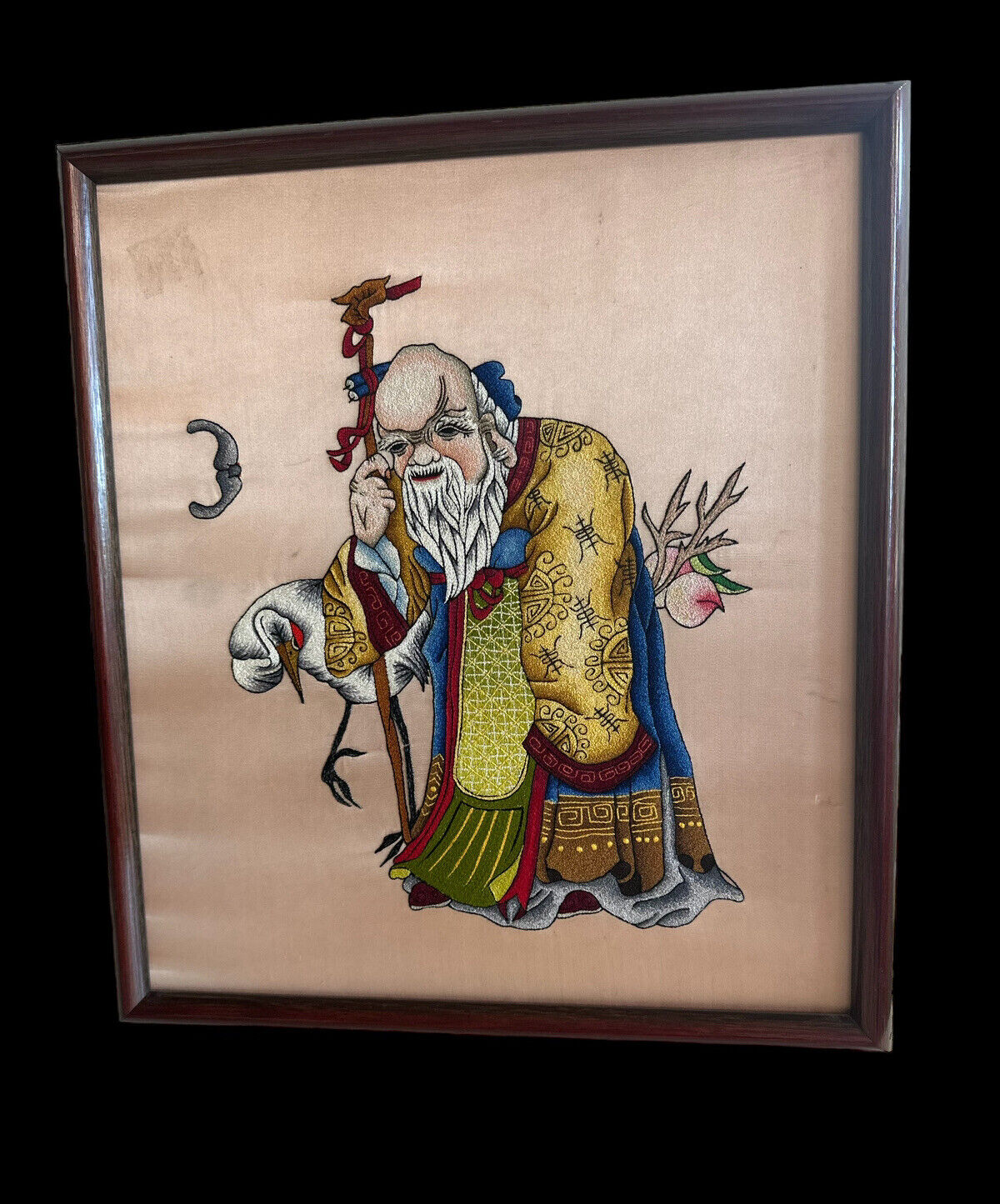 Chinese Silk Hand Embroidered  Immortal Longevity God Crane Textile Panel 17/15”