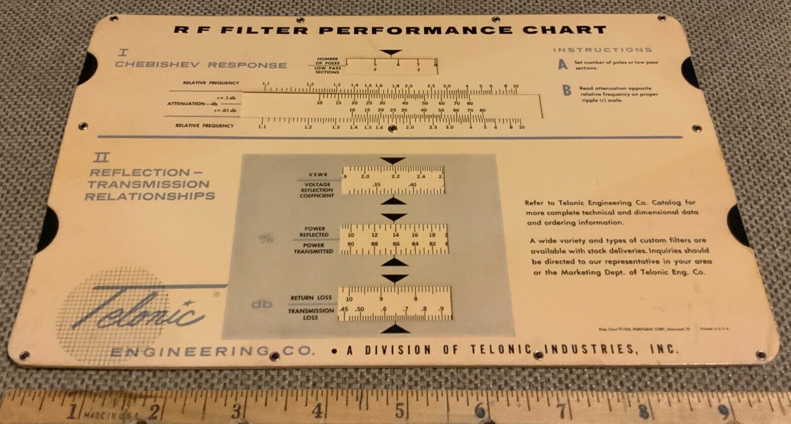 Vintage 1965 Telonic Engineering Company Slide Rule RF Filter Performance Chart