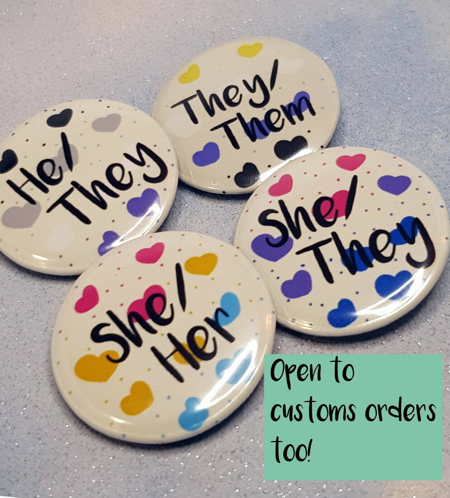 Pronoun Flag Heart Badges - Pride, He She They Them Him Her, Trans, Asexual