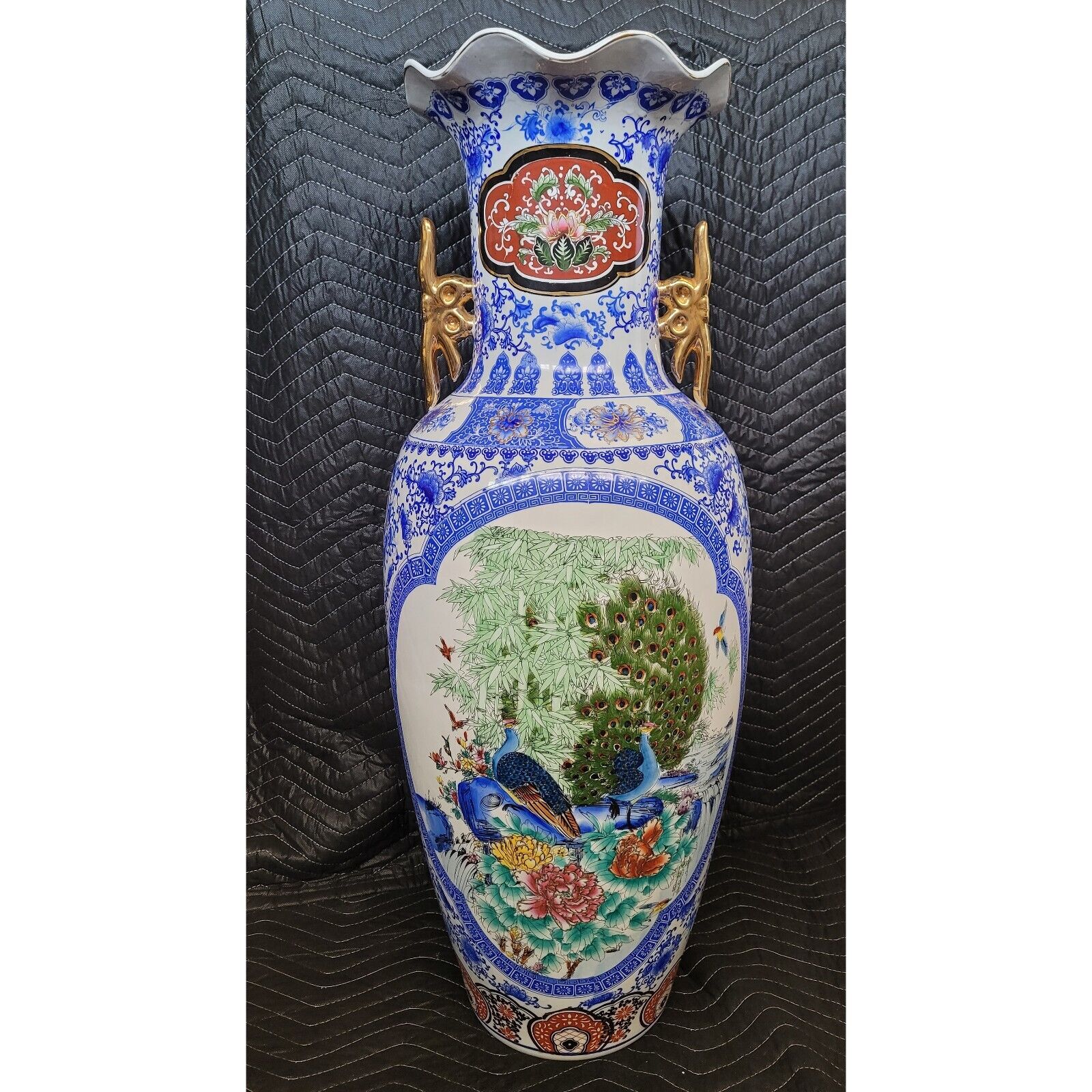 Vintage Chinese Floor Vase - Bird and Floral Theme 3' Tall