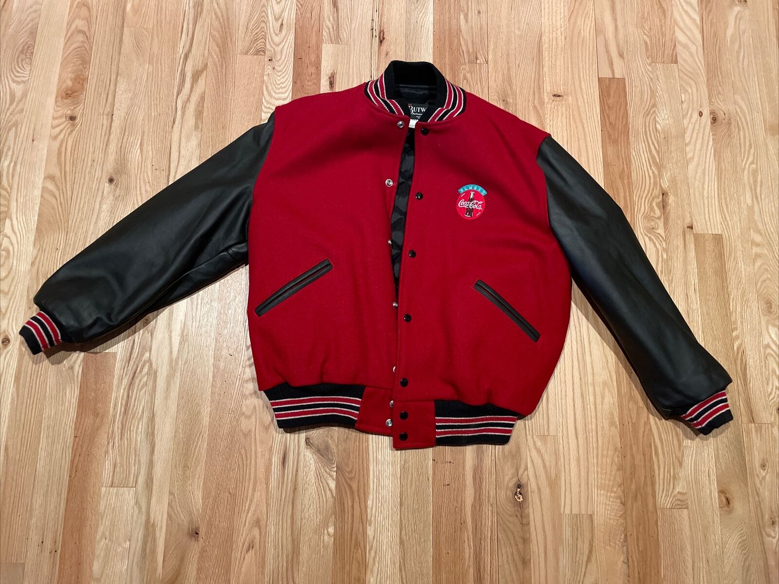 Vintage 80s Coca-Cola Wool Blend Leather Varsity Jacket — Butwins L Made in USA