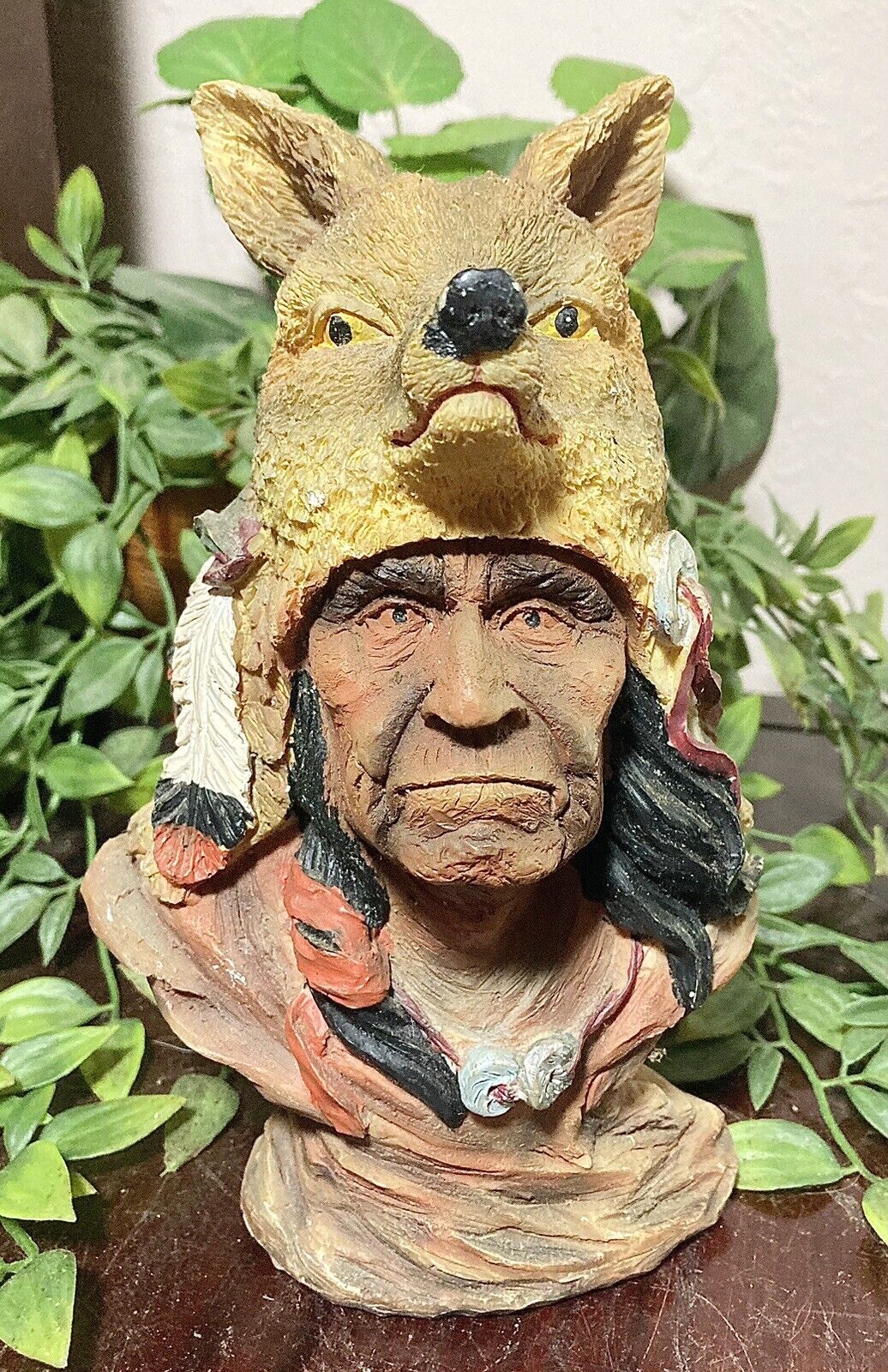 VTG Native American Chief Wearing Wolf Resin Sculpture