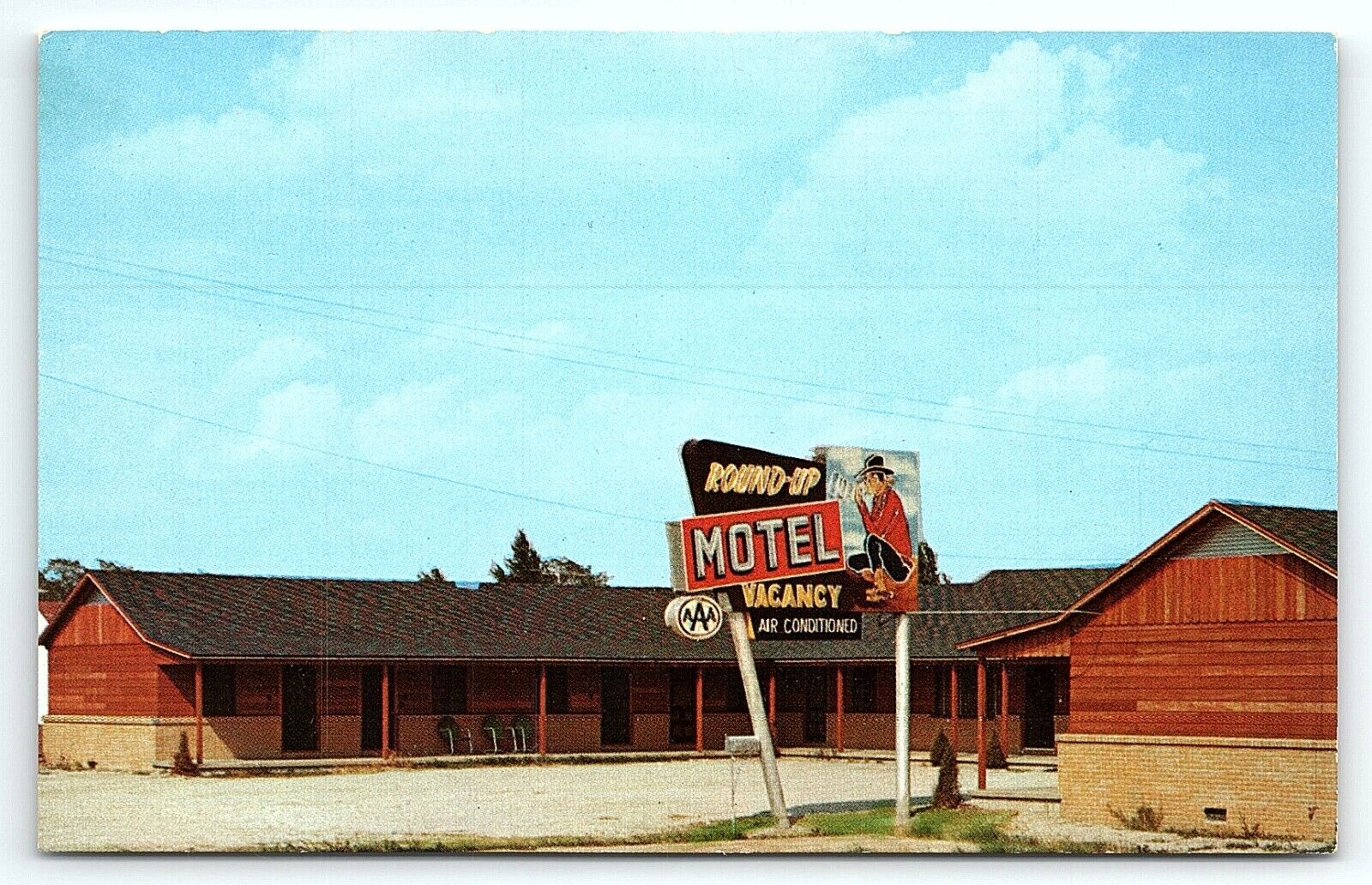 1950s CLAREMORE OK ROUND-UP MOTEL ROUTE 66 COWBOY NEON SIGN POSTCARD P2932