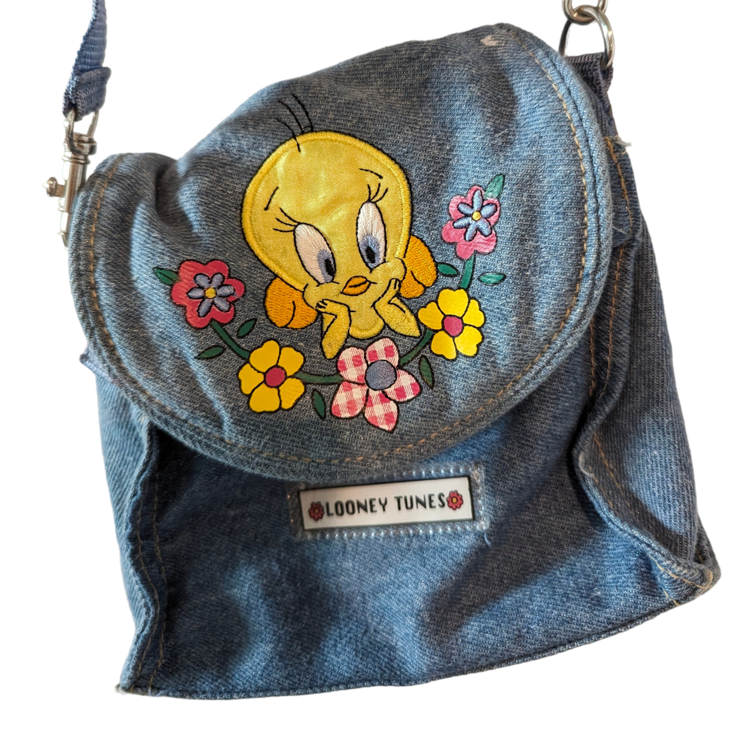 Tweety Bird Looney Tunes Mini Denim Crossbody Bag Purse Embroidered Flowers 1998