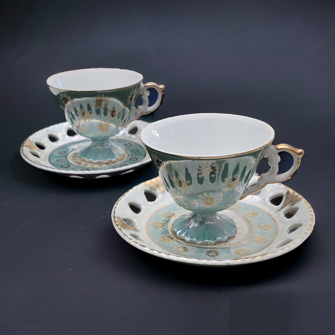 Set Of 2 Handpainted Lusterware Aqua Porcelain Tea Cups And Saucers Gold Gilt