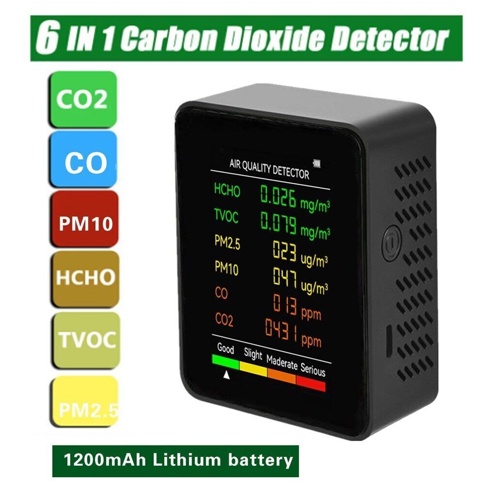 6 in 1 CO2 Air Quality Monitor Carbon Dioxide Level TVOC HCHO Meter Detector