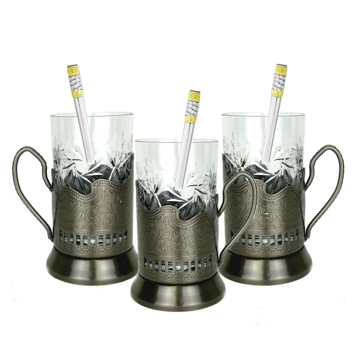 9-pc Set Russian Tea Glass Holders Podstakannik & Cut Crystal Glasses & Spoons
