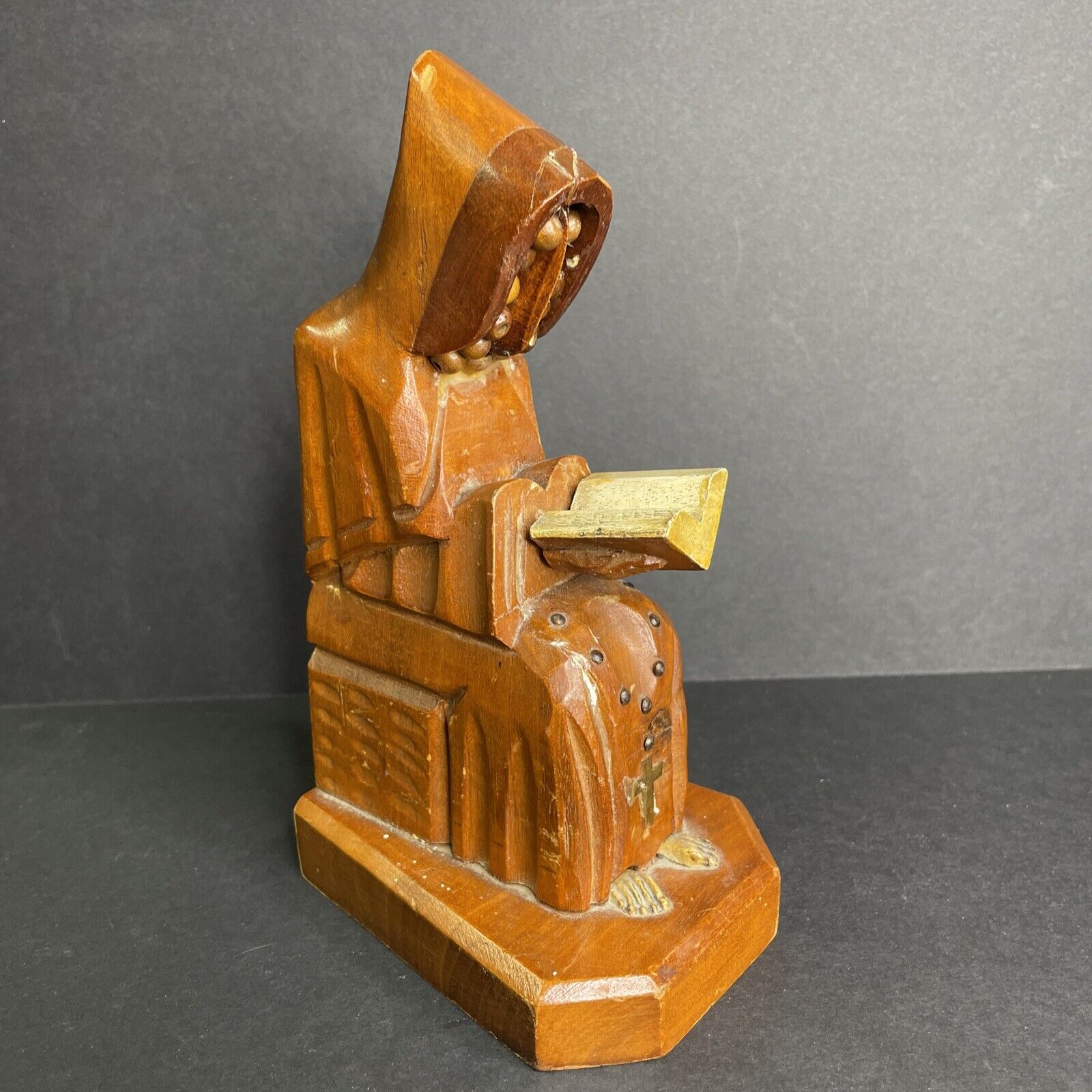 Antique c1930s Gothic Monk Reading Bible Solid Wood Hand-Carved Figure Carving