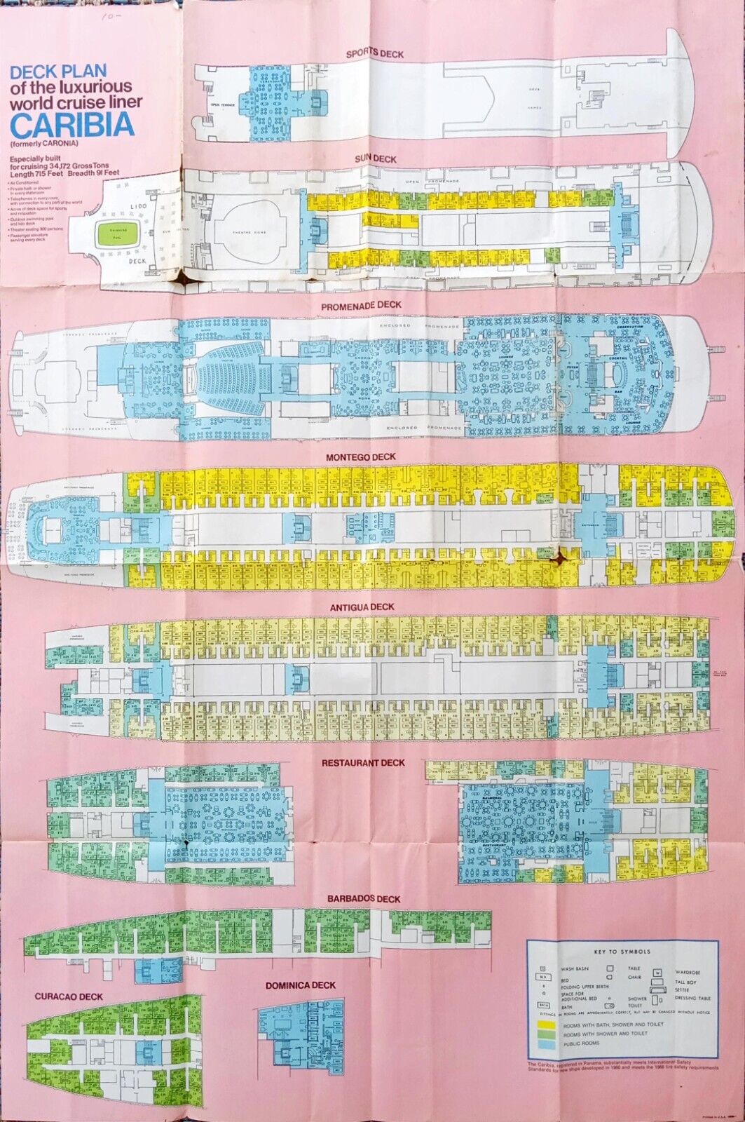 CARIBIA aka RMS CARONIA Star Cruise Line Deck Plan Brochure 1969