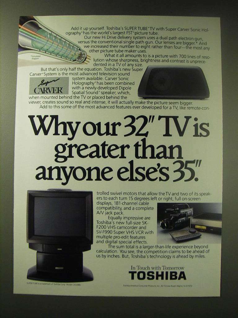 1989 Toshiba Ad - CX3288J TV, SK-F200 VHS Camcorder, SV-F990 Super VHS VCR