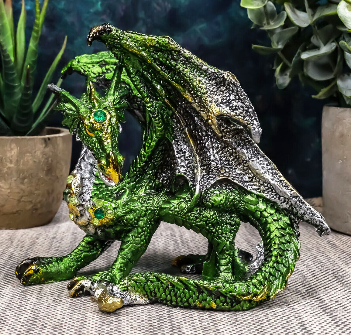 Ebros Metallic Green and Silver Crouching Emerald Dragon Statue 4.75\