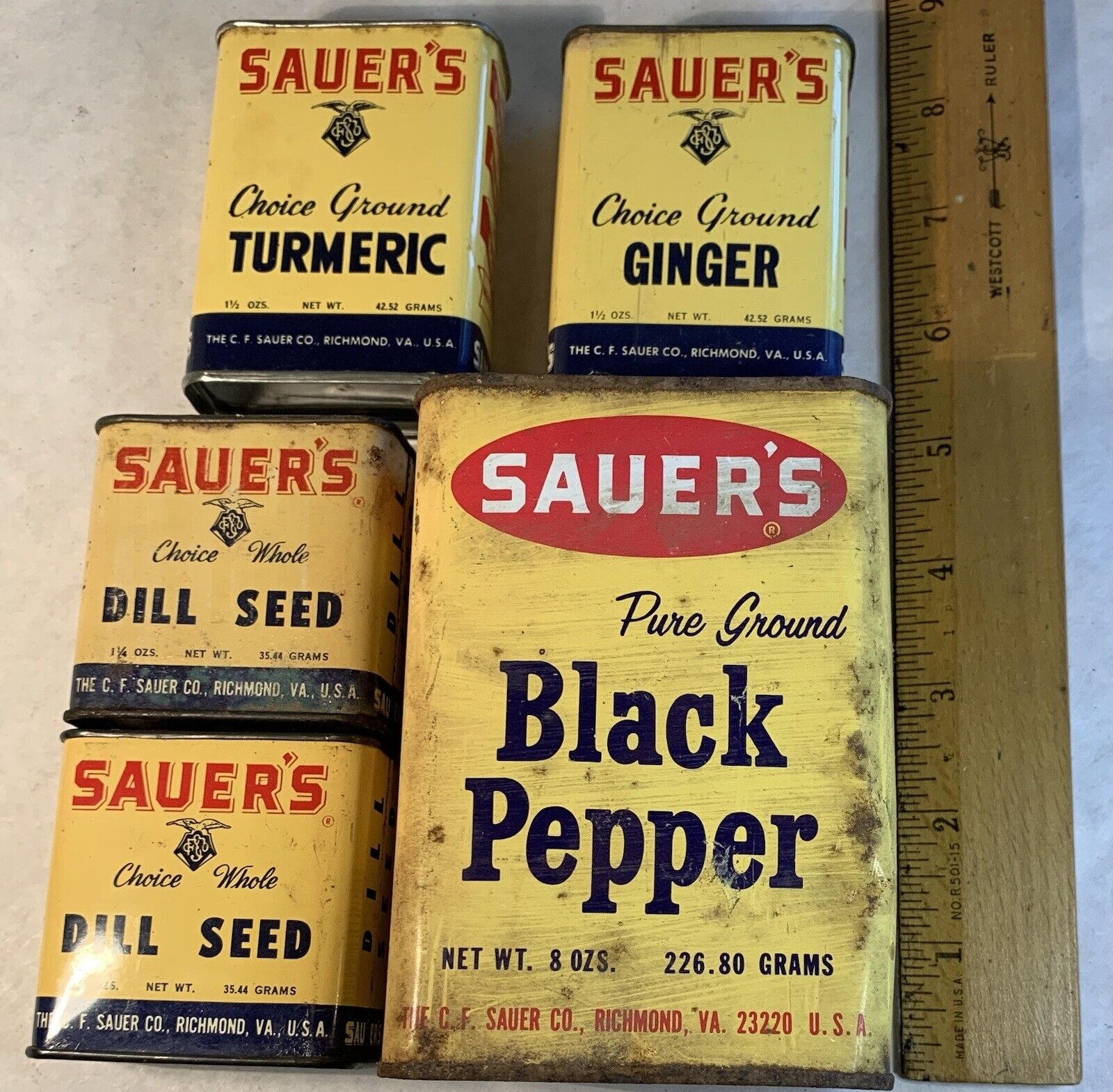 Sauer’s Spice Tin Lot 5 vintage Dill seed Black Pepper Ginger, a sealed Turmeric