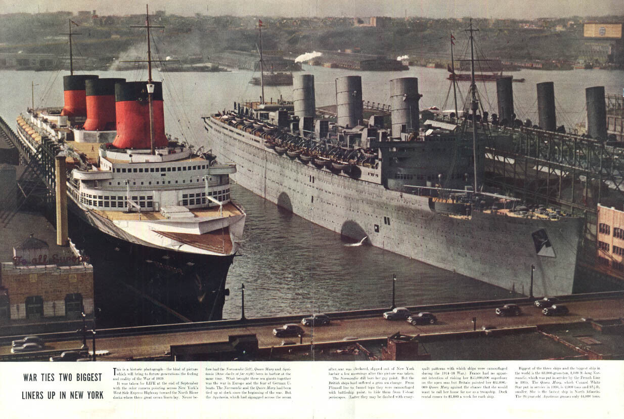 French Line S S Normandie & Cunard S S Queen Mary LIFE magazine spread 1939