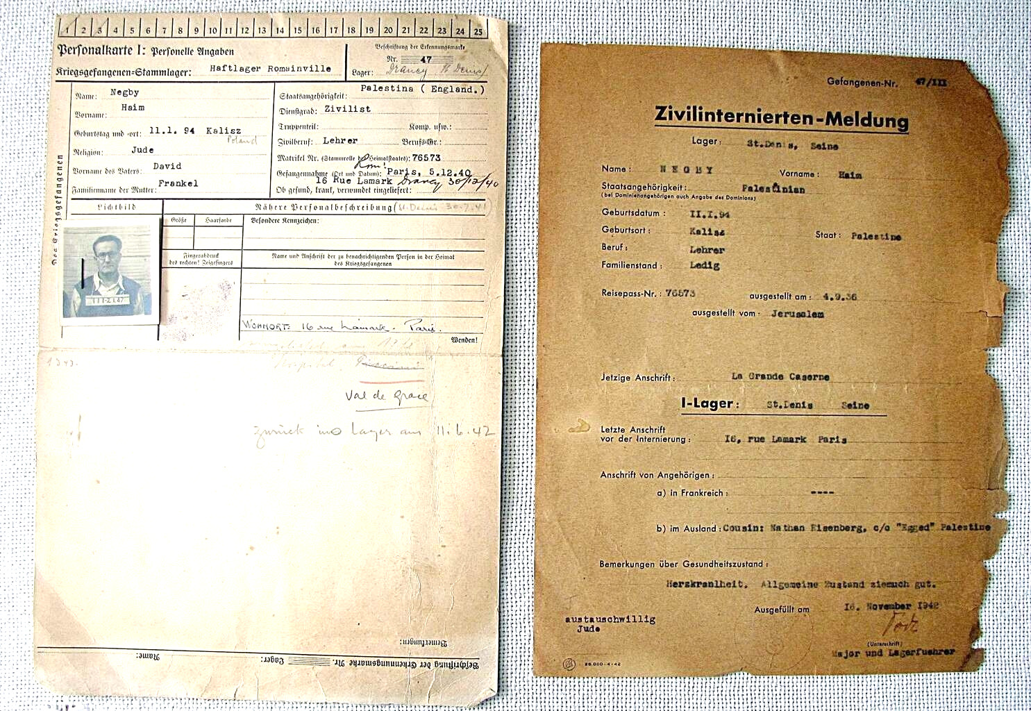 Archive of Holocaust survivor Chaim Negby with his Personal camp card and other