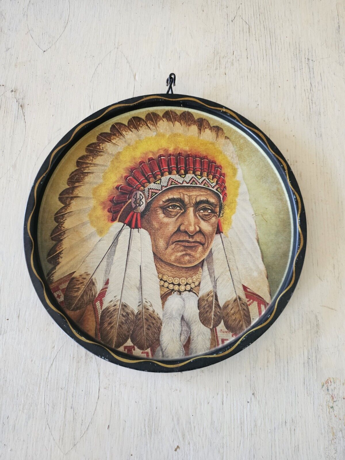 Antique Old Vintage Southwestern Chief Portrait Tin Wall Picture Tin