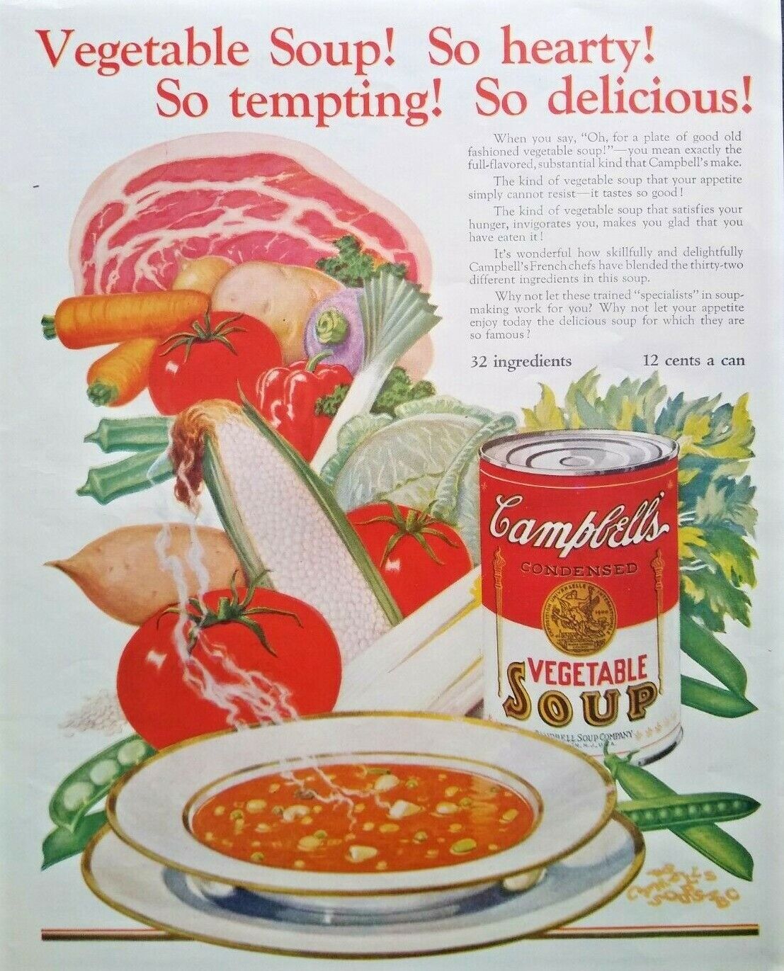 1920s Campbells Soup Vegetable Kitchen Decor Art Large Vintage Print Ad
