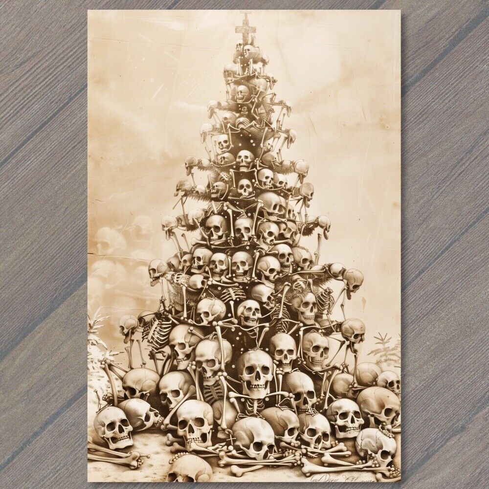 POSTCARD Skull Christmas Tree Skeleton Eerie Scary Old School Guns Strange Weird